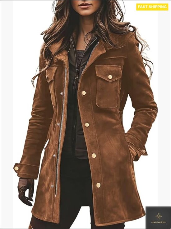 Jackets & Blazers - Women's Brown Suede Utility Coat with Snap Front